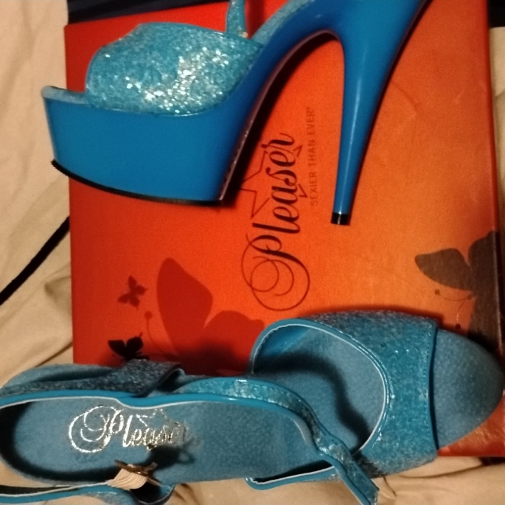 Pleaser Delight 609 Neon Blue Chunky Glitter Peep Toe Platform Stiletto Heels 8
